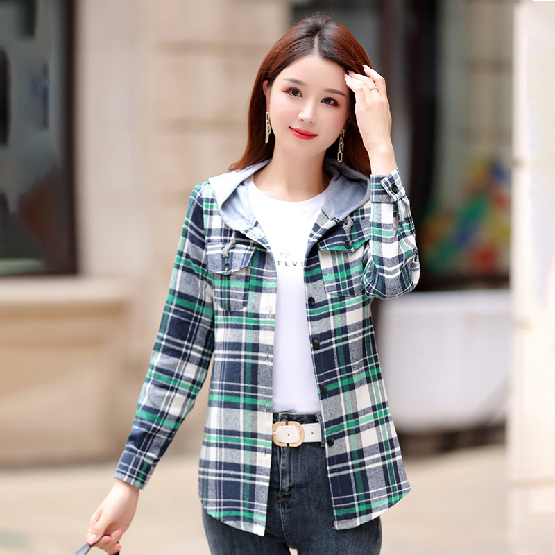 2025春夏季格子衬衫女长袖女装韩版新款修身上衣纯棉磨毛带帽外套