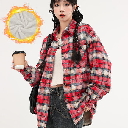 宽松时尚加绒加厚格子长袖衬衫女新款秋冬休闲印花保暖衣上衣外穿