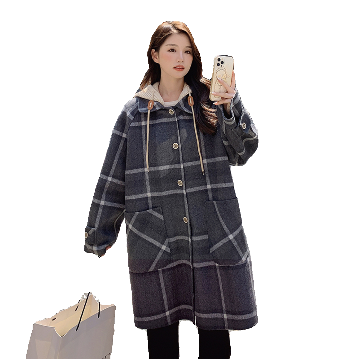【现货】帽子可拆卸双面格子羊绒大衣235-9913-P285-控398,女装毛呢外套,金十上