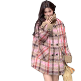 美拉德粉格纹毛呢外套女2023秋冬新款欧货宽松中长款加厚呢子大衣，女装毛呢外套，金十上