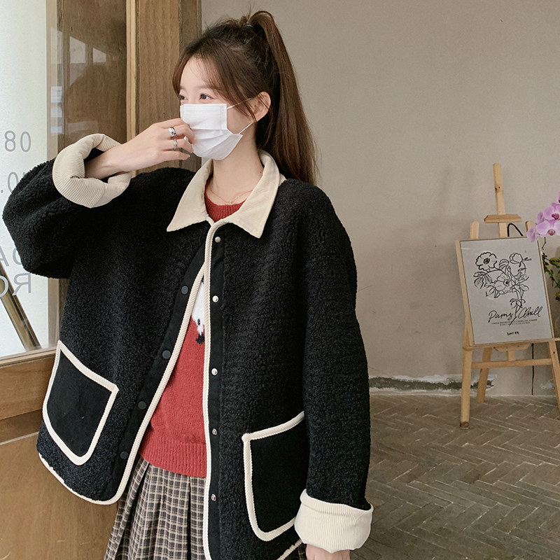 【现货】撞色翻领皮毛一体羊羔毛235-353-P175-控258,女装毛呢外套,金十上