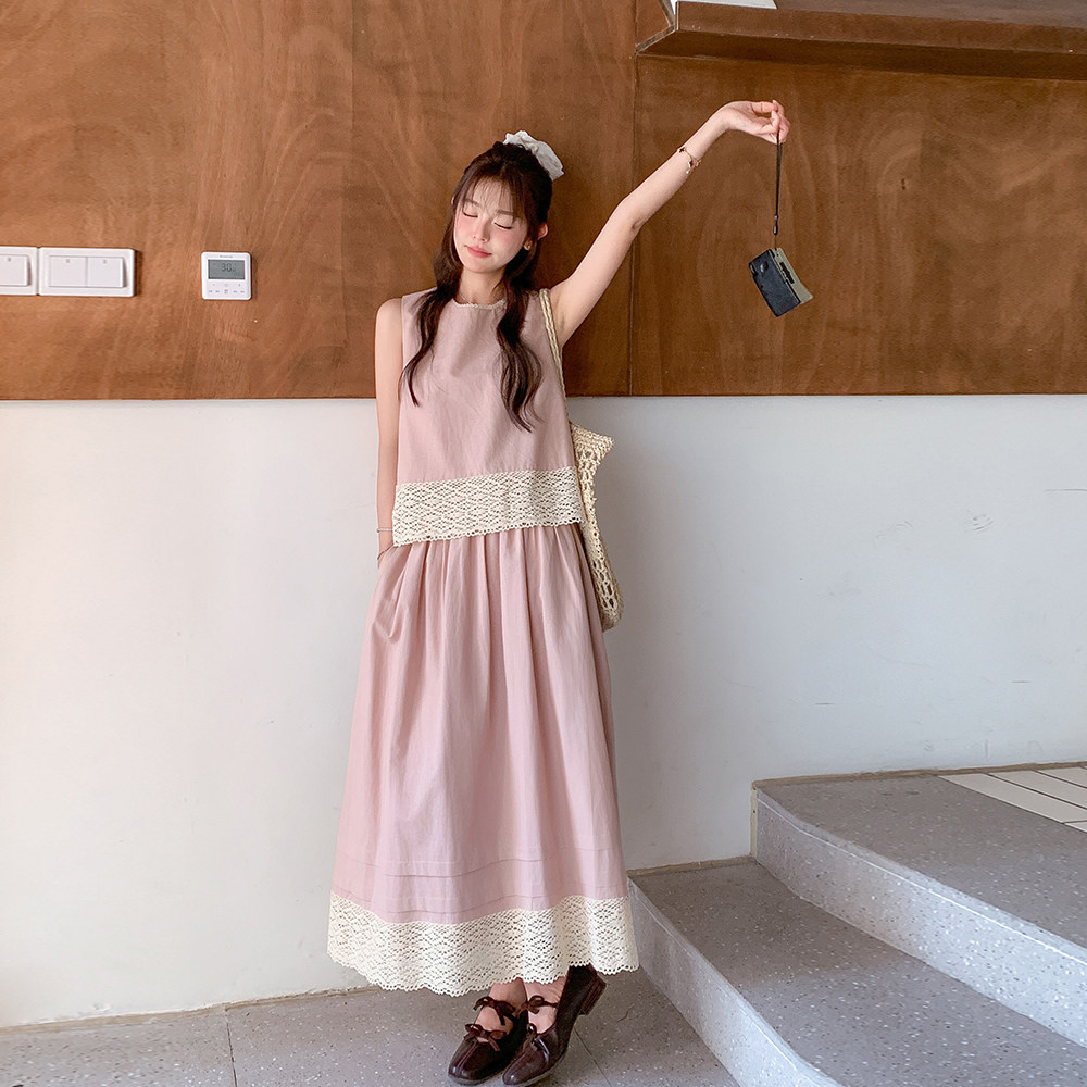 韩版拼蕾丝拼接无袖上衣半身裙2025夏季新款甜美减龄时尚亚麻套装,女装套装/套裙,金十上