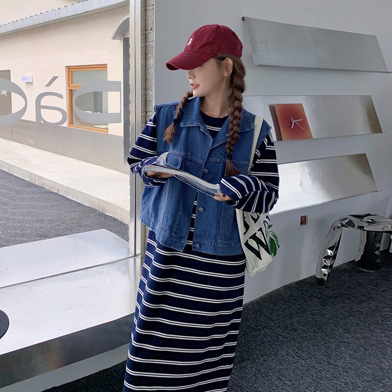 现货条纹连衣裙牛仔马甲两件套B235-K35-批155-控218,女装短外套,金十上