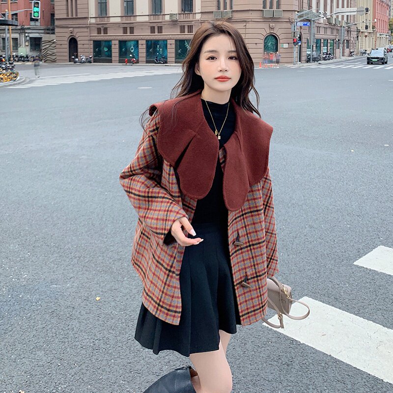 新款现货   双面羊绒短款格子外套235-9912-P275-控398图片