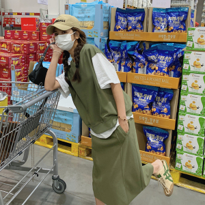绿色假两件拼色卫衣裙女夏季2024新款通勤显瘦设计感休闲连衣裙图片