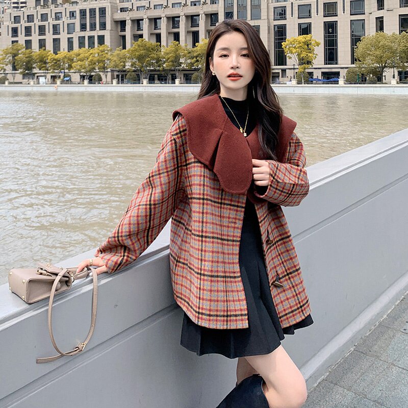 【现货】双面羊绒短款格子外套235-9912-P275-控398,女装毛呢外套,金十上