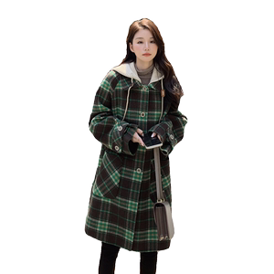 超好看绿格子连帽呢子大衣女秋冬2024新款学院风中长款毛呢厚外套图片