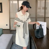 休闲条纹米色T恤连衣裙女夏2025学院风减龄慵懒松弛直筒polo长裙，女装连衣裙，金十上