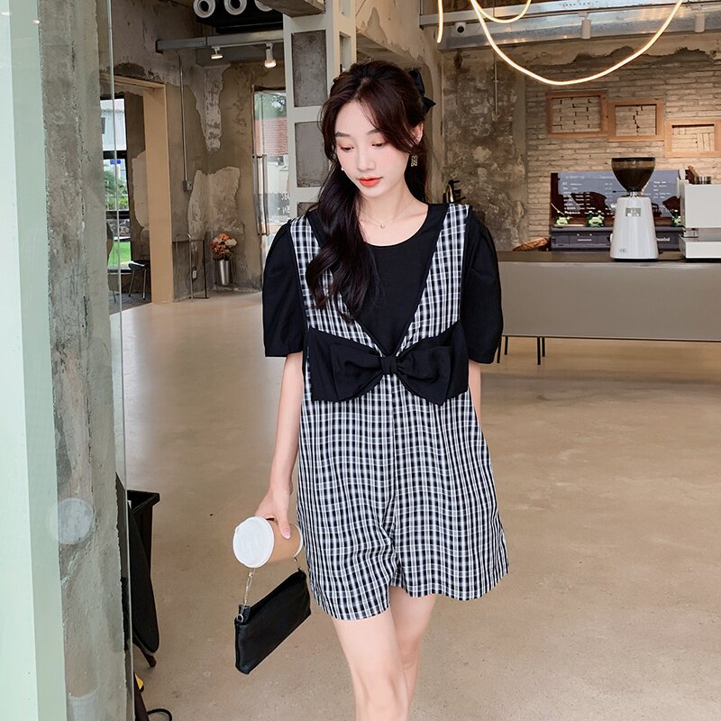 现货新款夏季减龄格子蝴蝶结连体裤两件套235-K30-P125-控178,女装套装/套裙,金十上