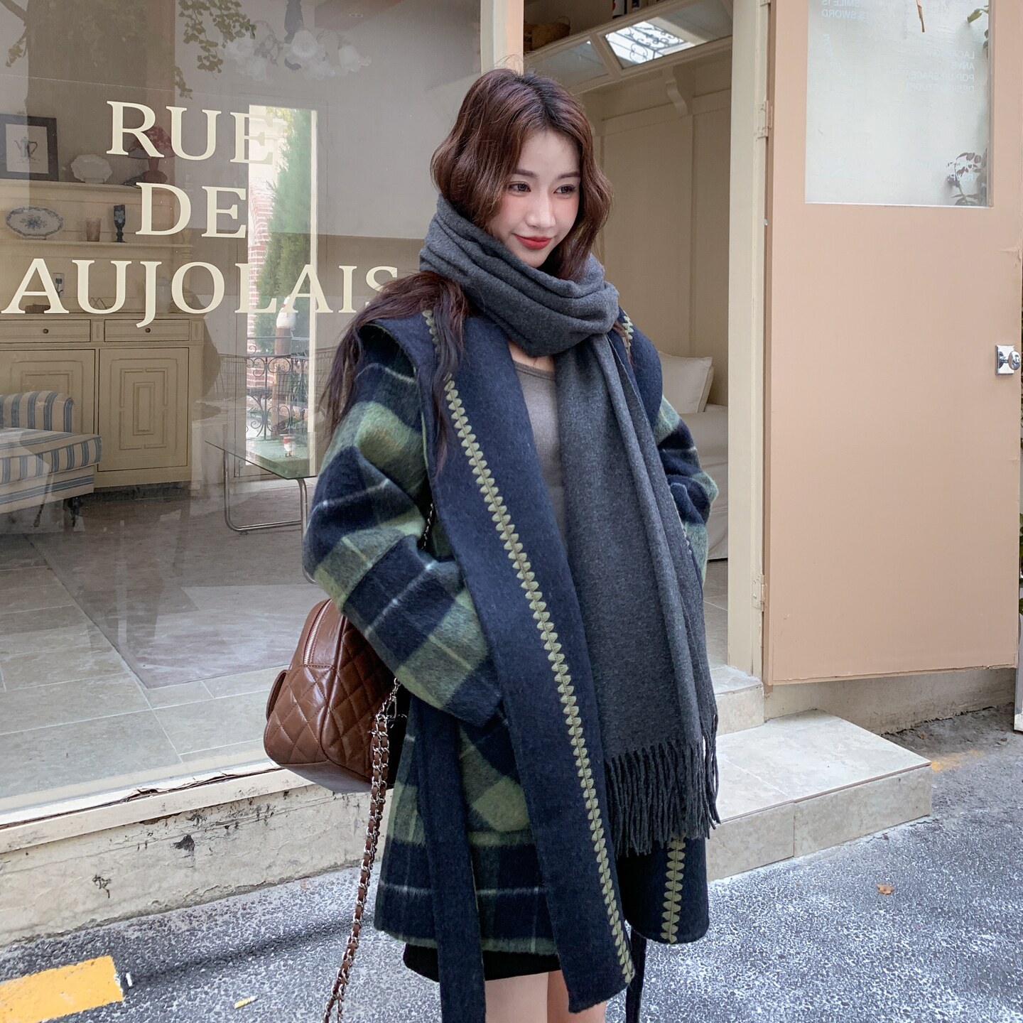 大翻领绿色格子高级感羊毛双面羊绒大衣女秋冬新款加厚呢子外套,女装毛呢外套,金十上