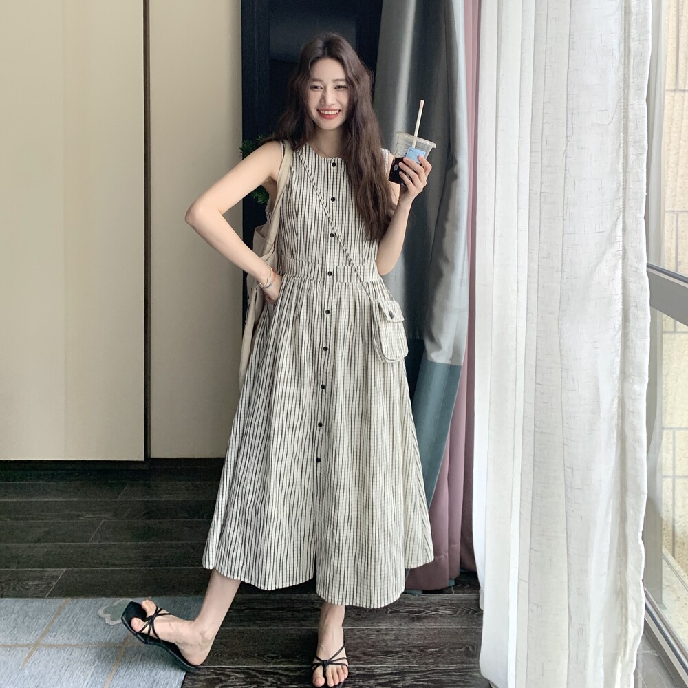 盐甜系穿搭韩系格子无袖背心裙女夏季新款收腰显瘦休闲连衣裙子,女装连衣裙,金十上