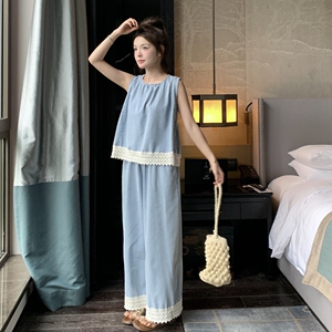 甜美漂亮浅蓝色蕾丝花边背心套装女2025夏季新款洋气阔腿裤两件套图片
