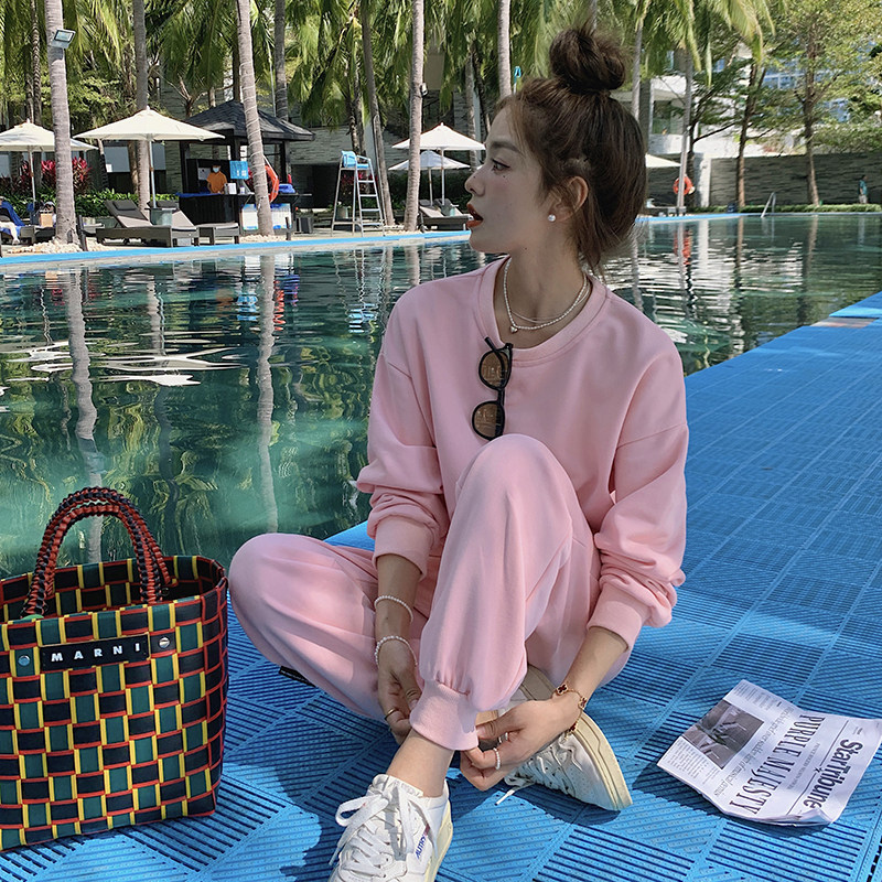 现货春装休闲时尚粉色两件套卫衣235-K5-P155-控218,女装运动套装,金十上
