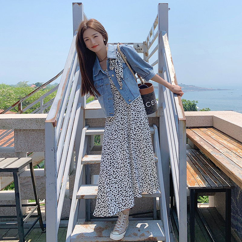 新款现货牛仔蝴蝶结碎花吊带连衣裙两件套235-K23-P135-控188,女装套装/套裙,金十上