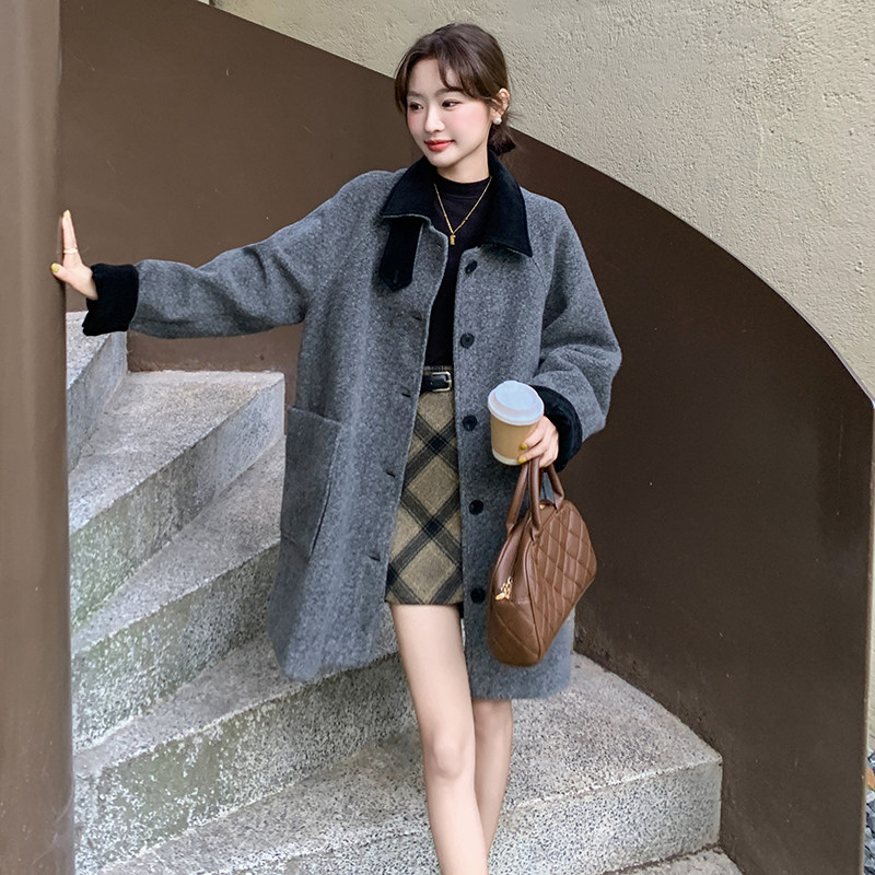 【新款现货】复古拼色圈圈呢中长款外套235-2450-P185-控278,女装毛呢外套,金十上