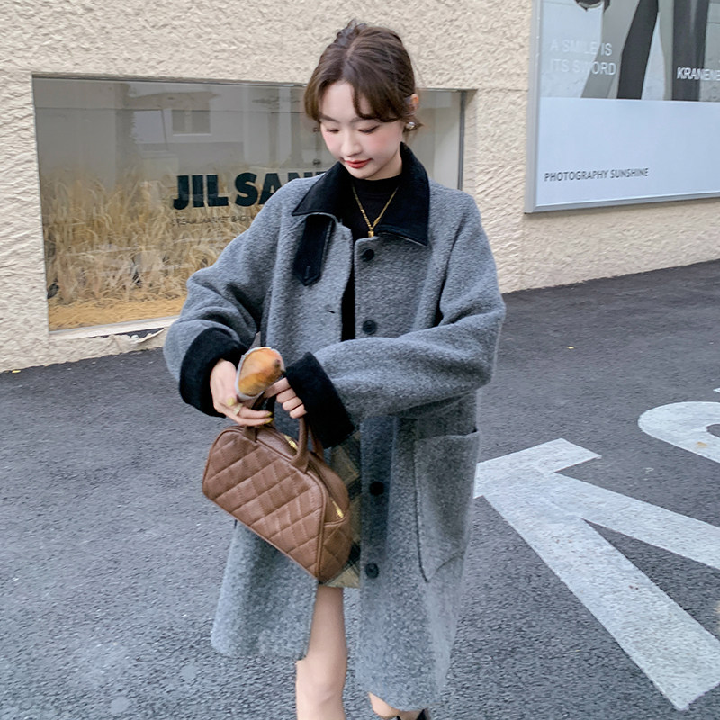 【新款现货】复古拼色圈圈呢中长款外套235-2450-P185-控278,女装毛呢外套,金十上