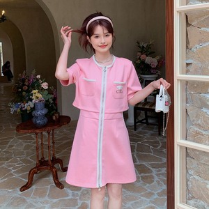 法式甜美粉色小香风连衣裙女夏新款小众小个子镂空露腰洋气a字裙图片