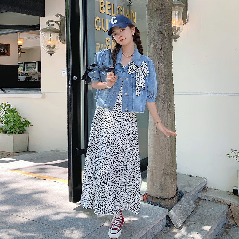 新款现货牛仔蝴蝶结碎花吊带连衣裙两件套235-K23-P135-控188，女装套装/套裙，金十上