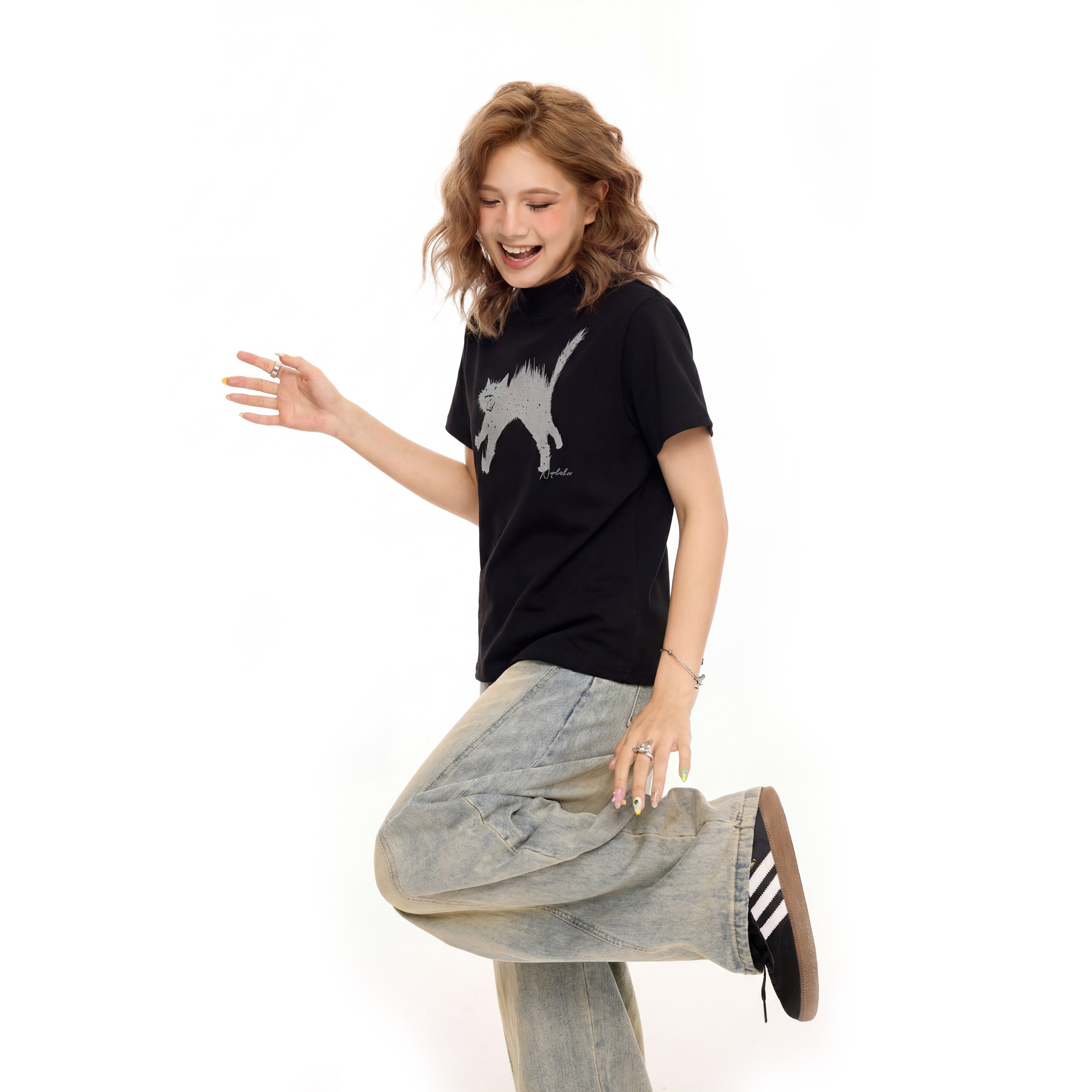 美式猫咪印花黑色t恤女短袖新款夏季潮牌宽松情侣正肩上衣bf半袖