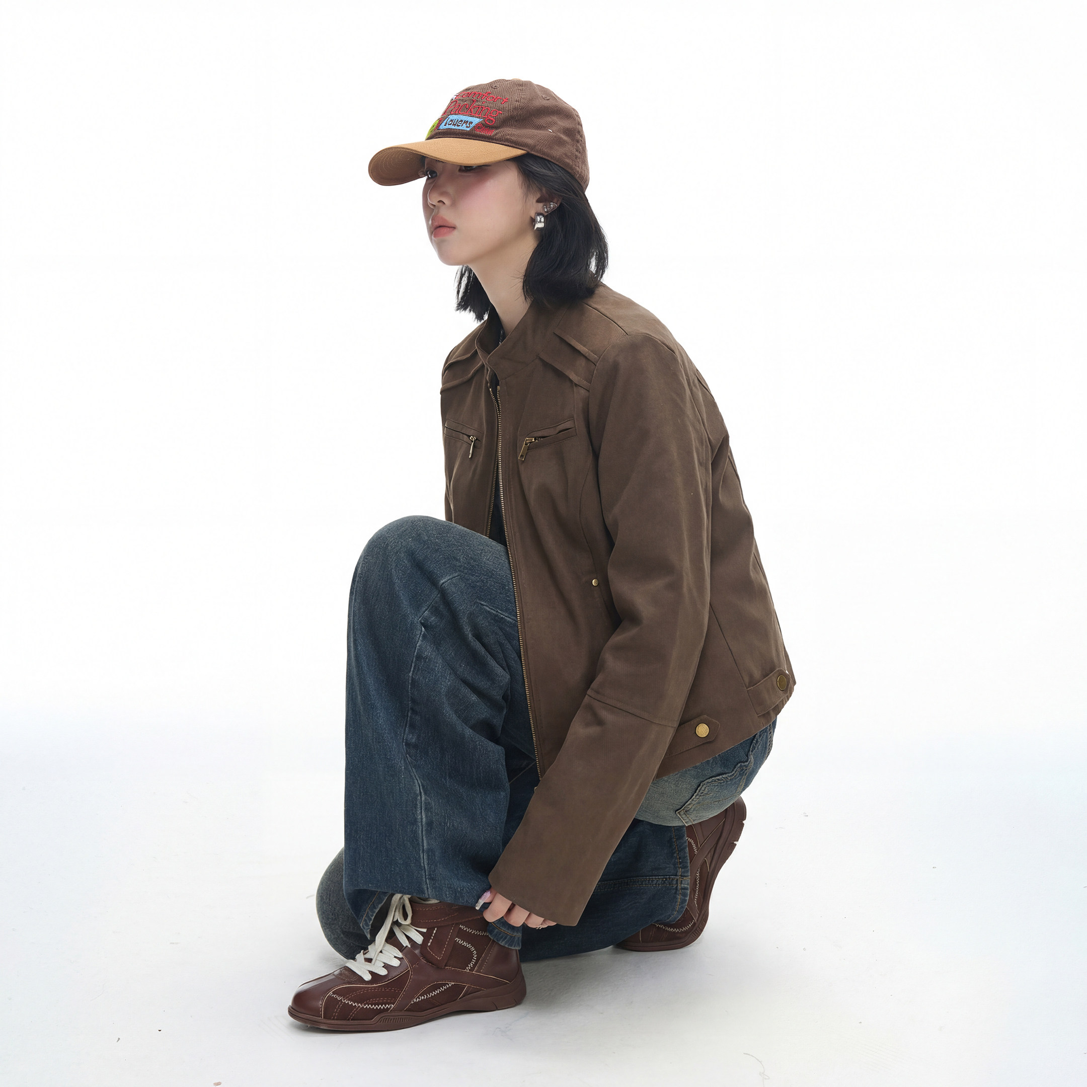 美式复古咖色短款工装立领外套女春季新款休闲宽松显瘦夹克上衣潮,女装/女士精品,短外套,淘宝优惠券,粉丝福利购,淘宝优惠卷