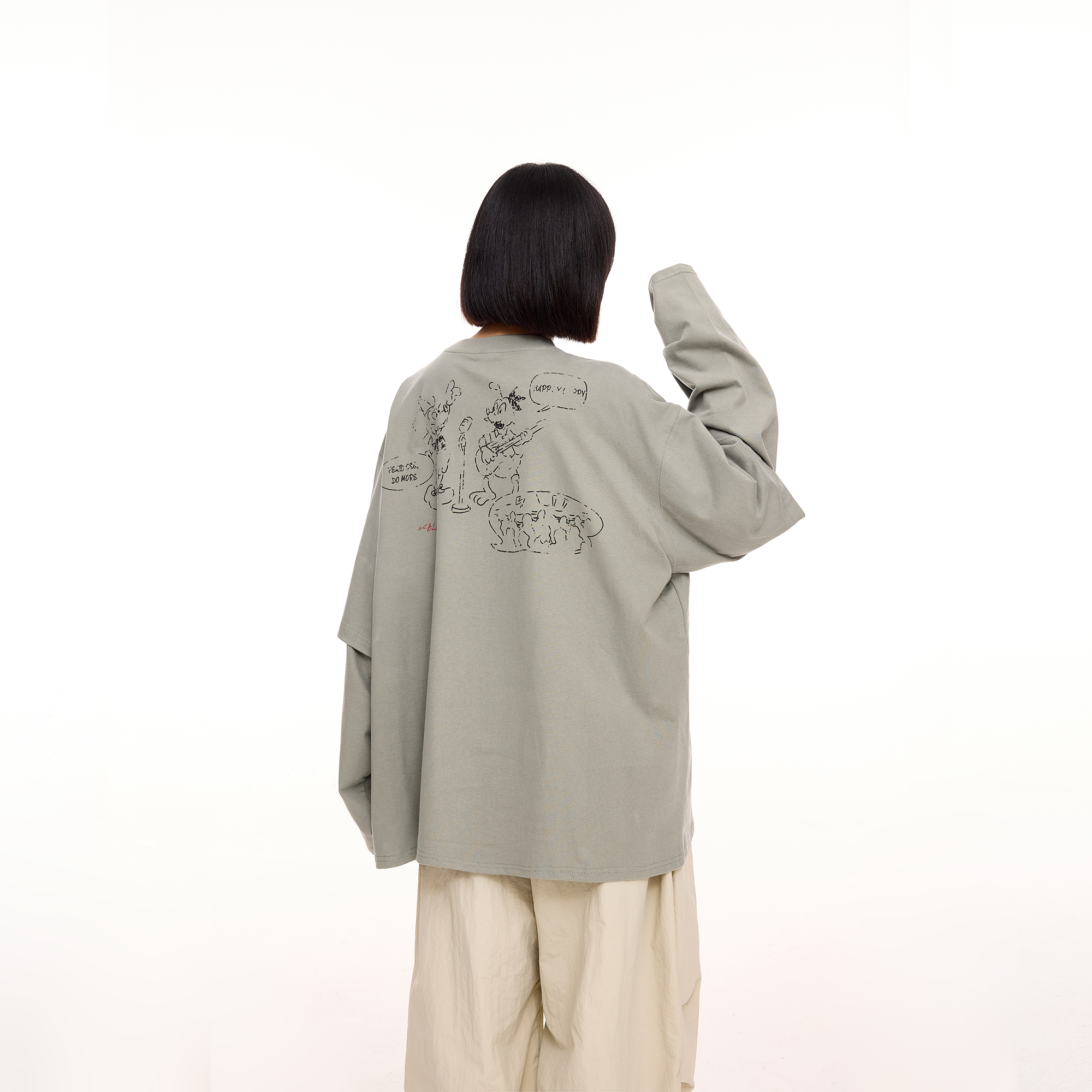 美式卡通印花假两件长袖t恤女秋季2025新款oversize纯棉情侣上衣