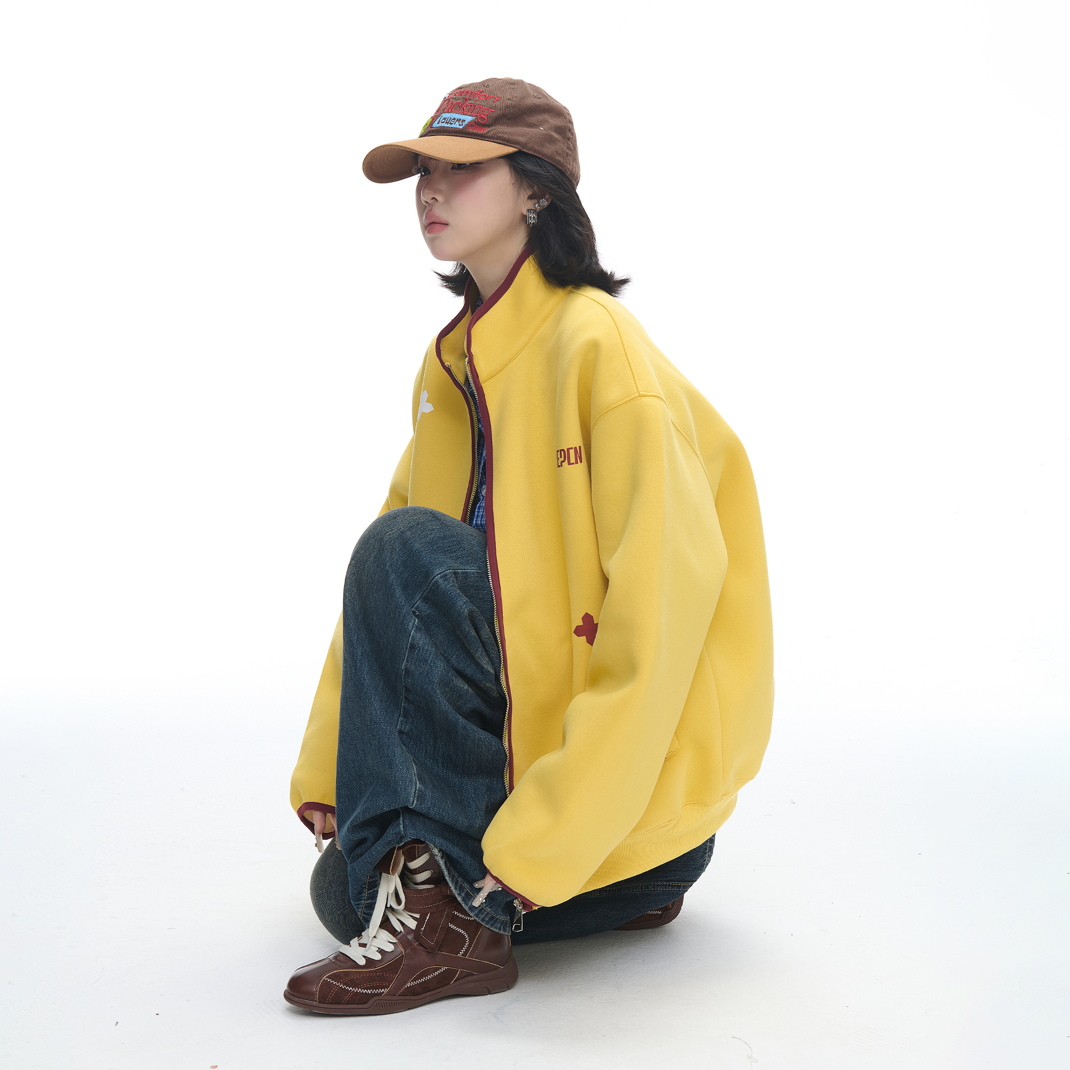 美式复古印花撞色立领黄色开衫卫衣女秋冬新款宽松休闲拉链外套潮