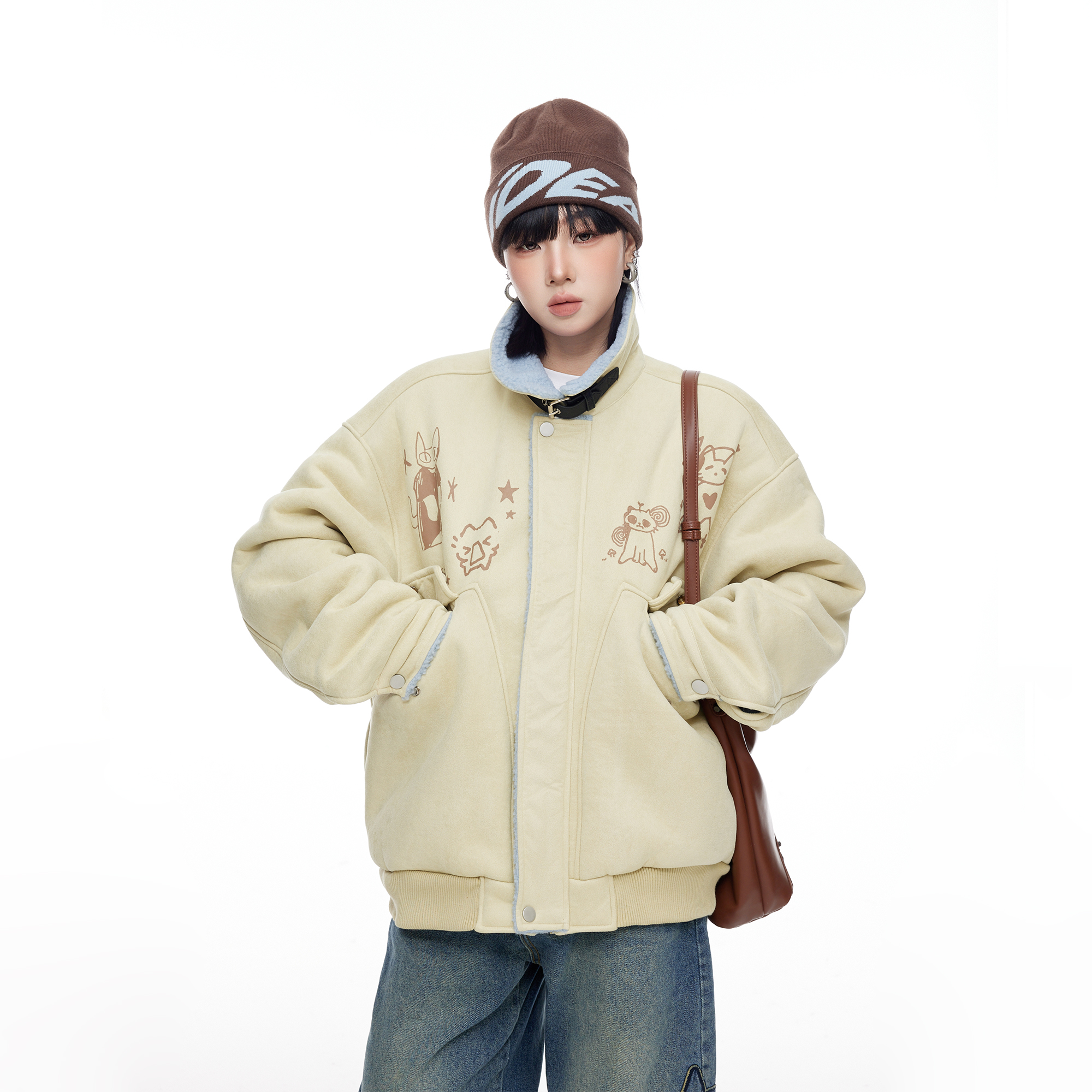 美式复古卡通仿羊羔毛拼接立领棉服女冬季设计感宽松慵懒棉衣外套