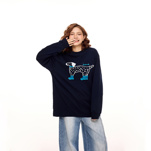 秋季 t恤女2025新款 设计感宽松休闲圆领上衣 复古狗狗印花长袖 美式