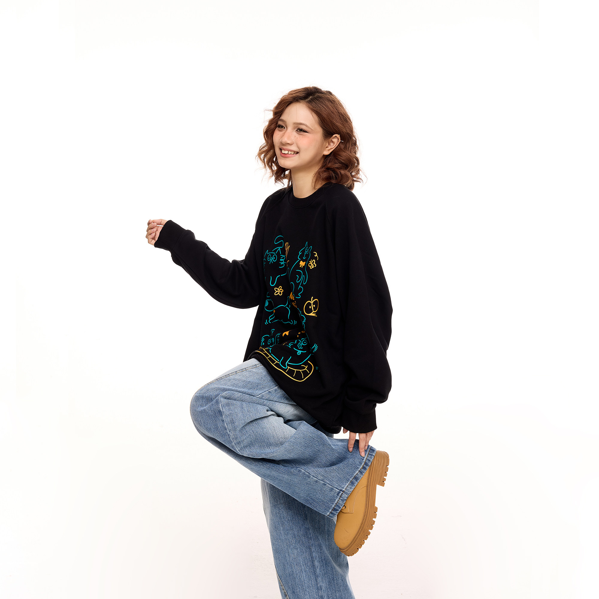 美式复古印花黑色圆领卫衣女春秋款慵懒风春季休闲套头上衣外套潮