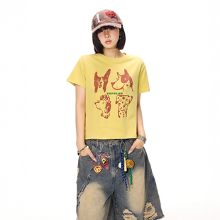 短袖 新款 复古小众修身 短款 上衣潮 美式 半袖 卡通狗狗正肩t恤女夏季