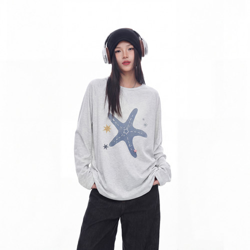 美式海星印花插肩长袖t恤女春夏新款潮牌慵懒风宽松防晒罩衫上衣