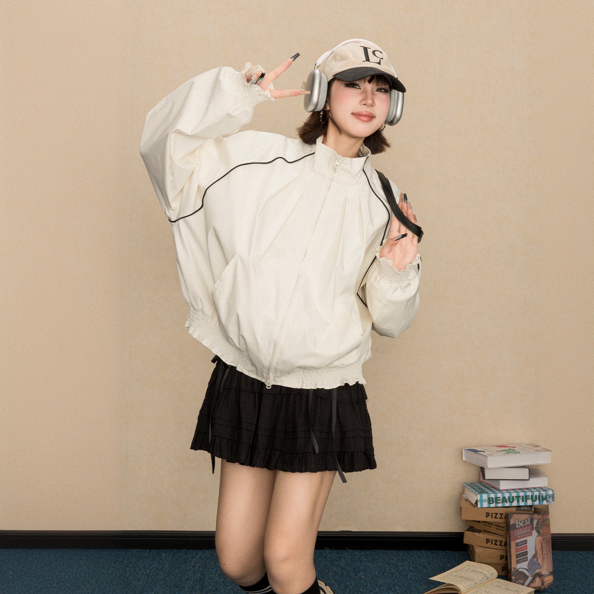 复古设计感线条立领冲锋衣外套女