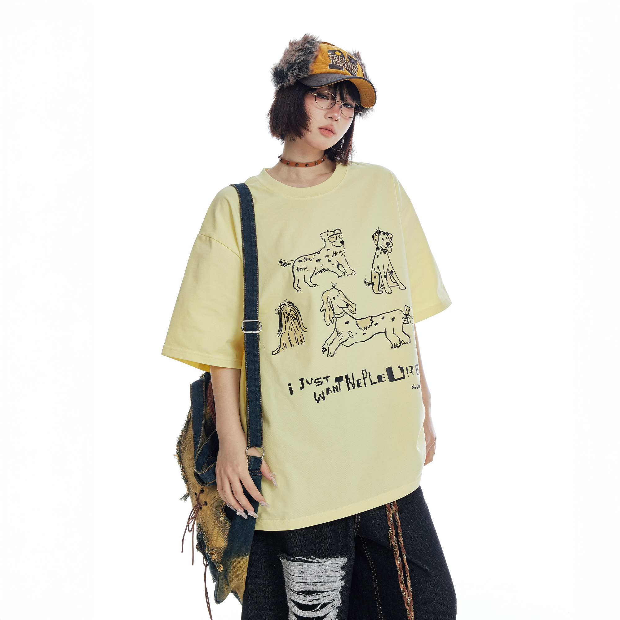 美式卡通狗狗印花黄色短袖t恤女夏季2025新款复古宽松纯棉半袖潮
