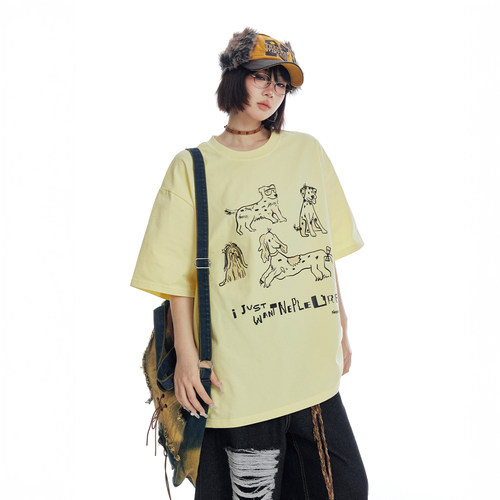 美式卡通狗狗印花黄色短袖t恤女