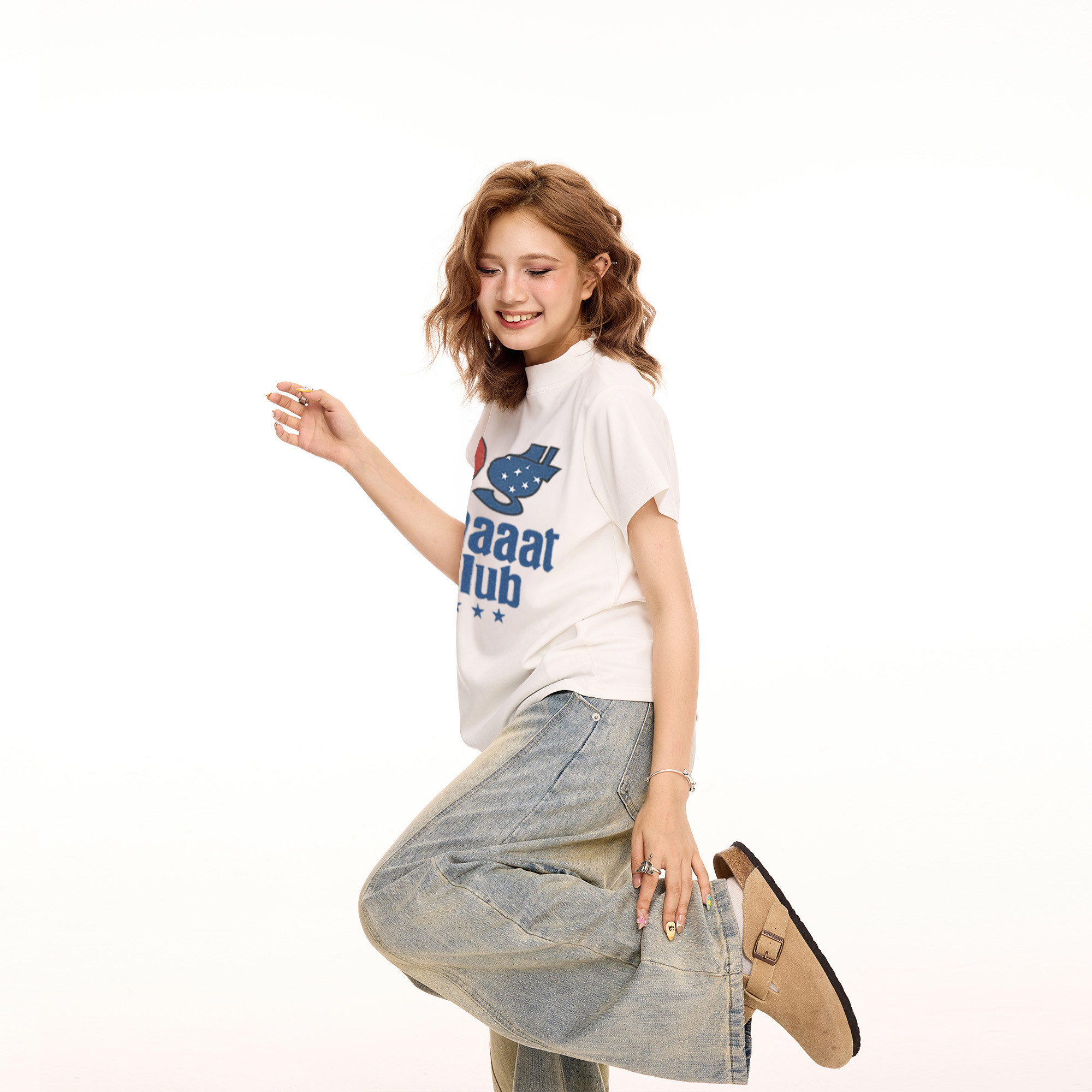 美式字母印花白色半高领短袖t恤女夏季短款显瘦休闲纯棉正肩上衣