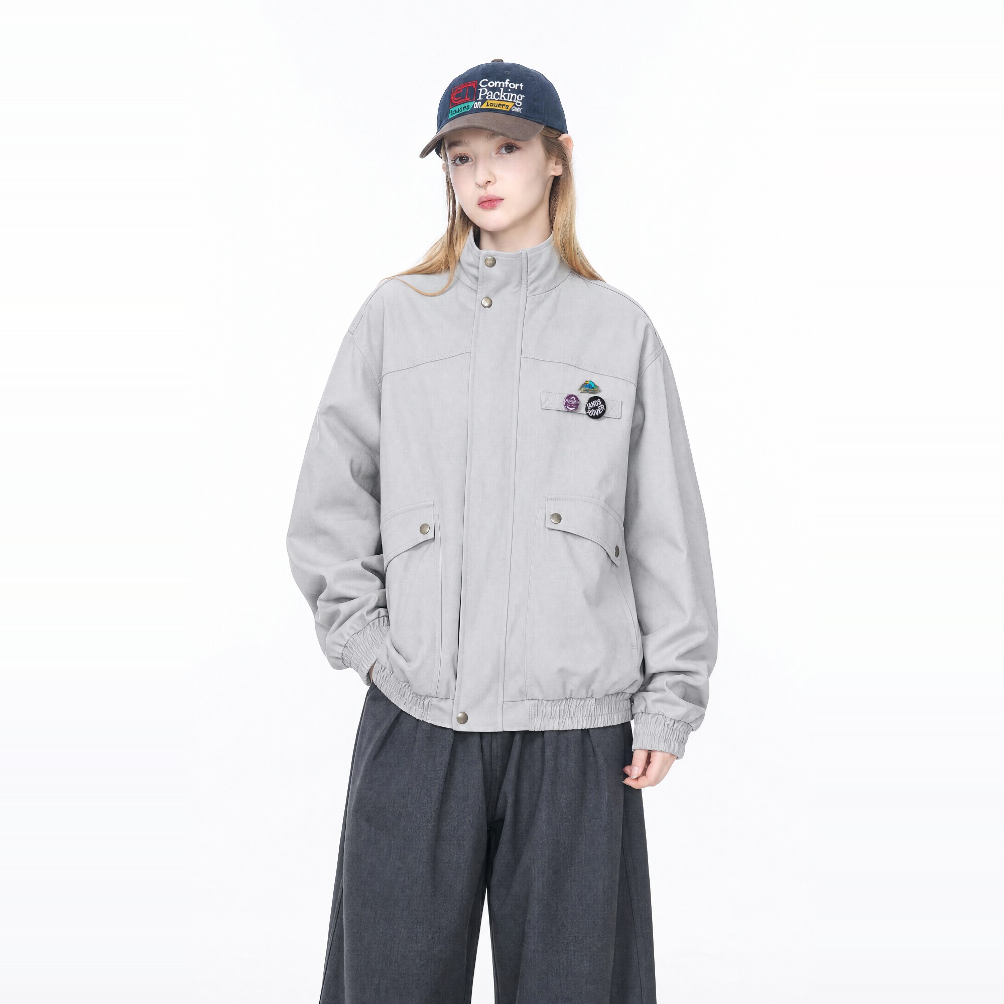 美式复古勋章灰色立领外套女秋季2026新款设计感宽松短款情侣夹克图片
