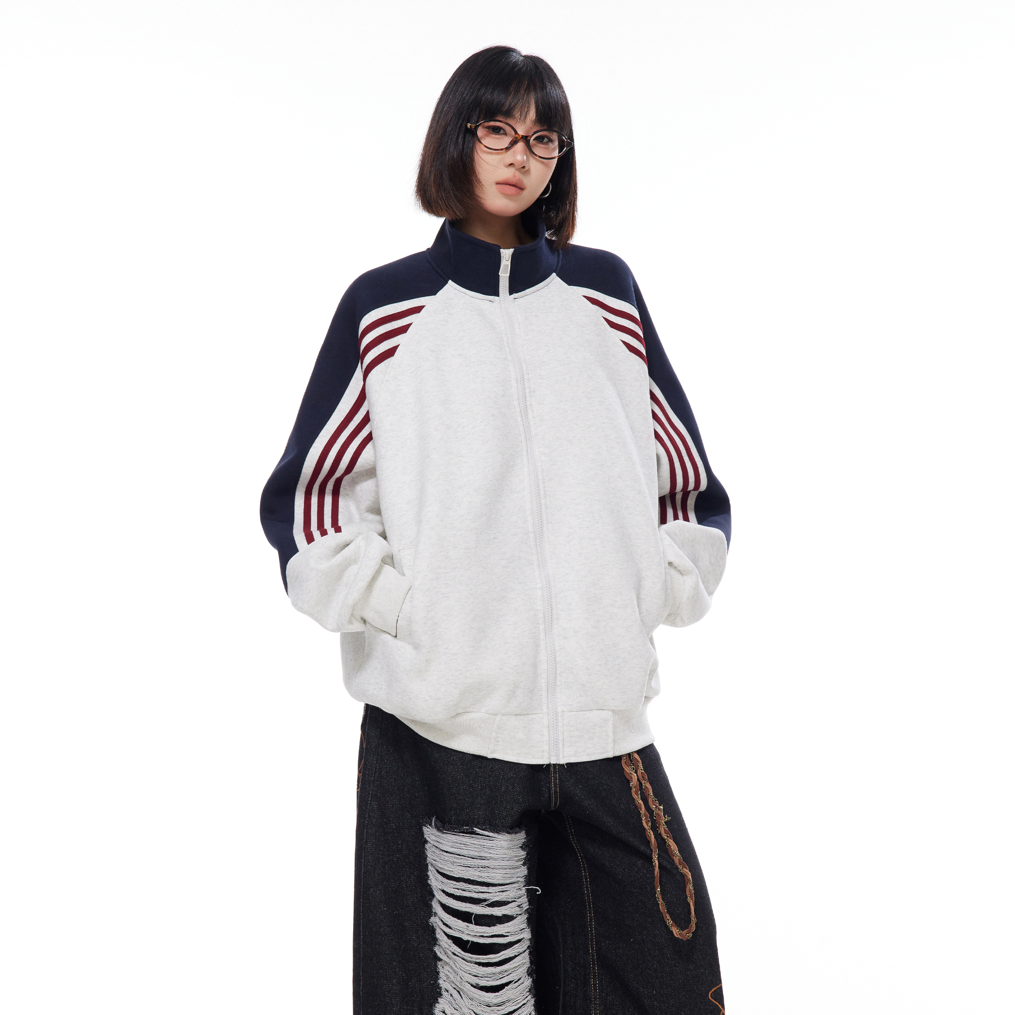 美式复古三条杠撞色立领休闲外套