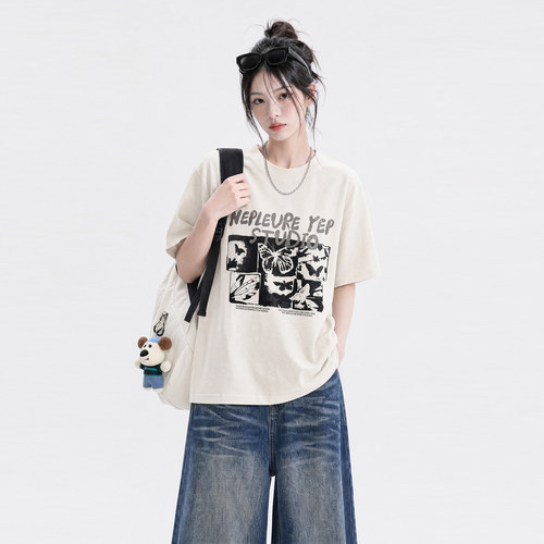 美式复古蝴蝶印花短袖t恤女2026新款设计感夏季纯棉宽松半袖上衣