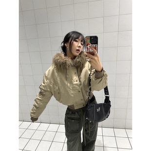 y2k美式复古辣妹驼色棉服女短款毛领棉衣飞行员夹克加厚冬季外套