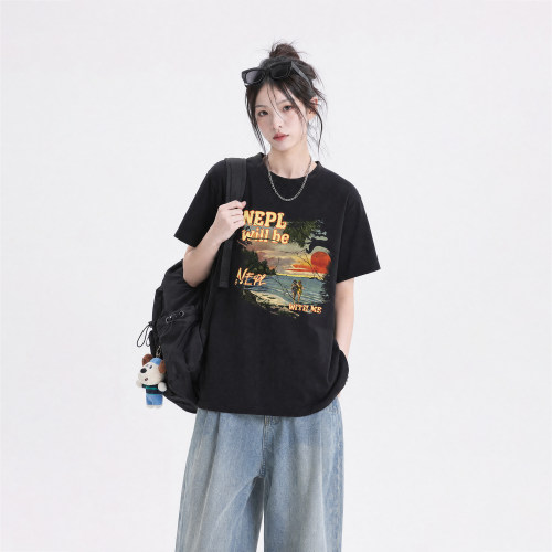 美式复古印花黑色t恤女短袖2024新款夏季宽松纯棉潮牌半袖上衣bf
