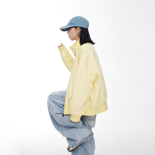 美式复古黄色立领开衫卫衣女春季2026新款慵懒风宽松休闲拉链外套
