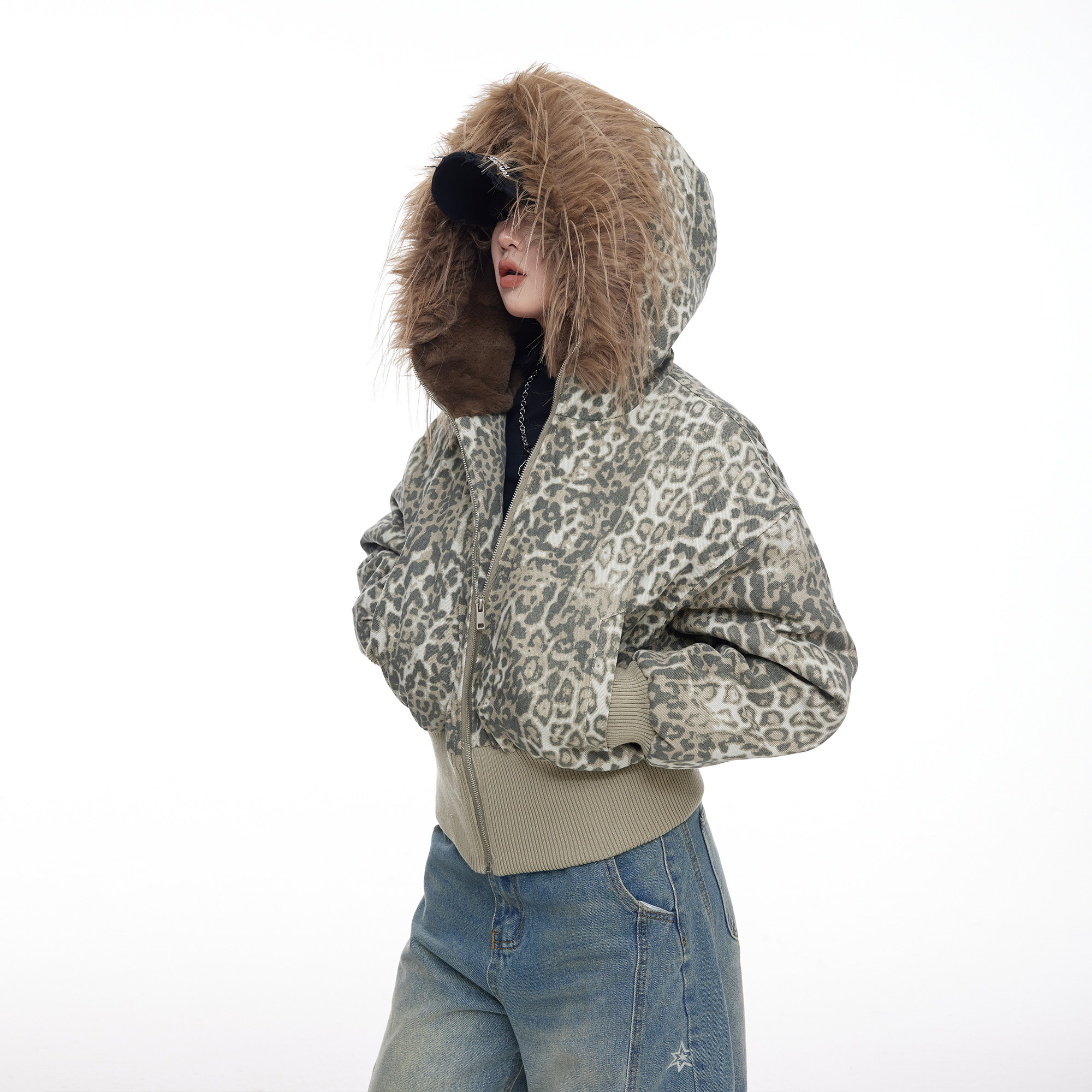 美式复古毛领豹纹收腰棉服女短款冬季设计感显瘦休闲连帽棉衣外套