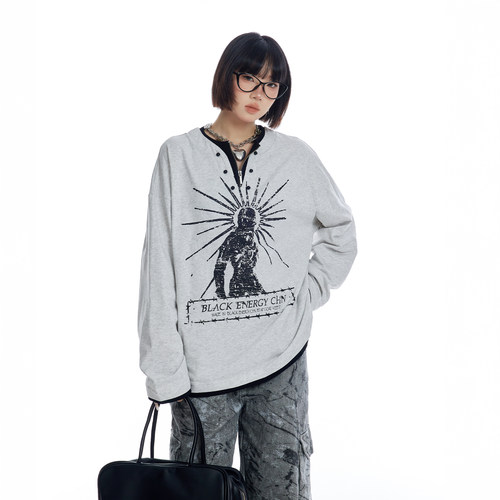 美式亨利领人像印花长袖t恤女