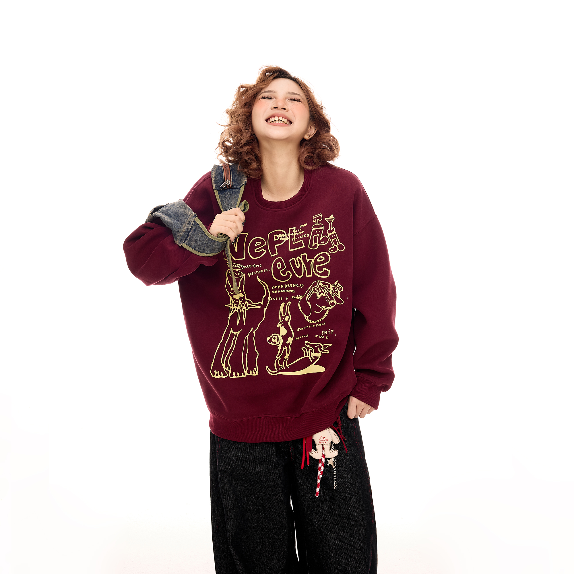 美式复古卡通动物印花酒红色圆领卫衣女秋季街头慵懒风宽松外套潮