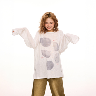 慵懒风宽松长袖 美式 新款 女夏季 t恤 设计感苹果印花莱赛尔防晒罩衫