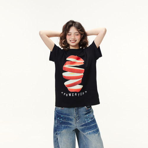美式苹果印花黑色半高领短袖t恤女夏季新款设计感显瘦正肩上衣bf