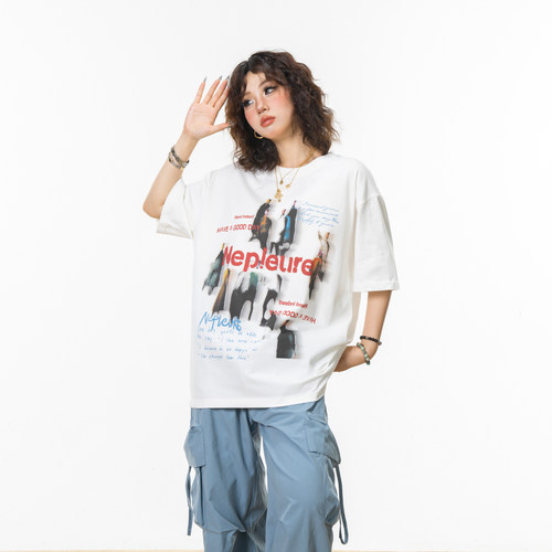 虚幻人像美式复古印花短袖t恤女2024新款夏季宽松纯棉半袖上衣潮