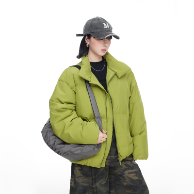 美式复古绿色立领羽绒服女冬季2025新款设计感宽松短款保暖外套潮
