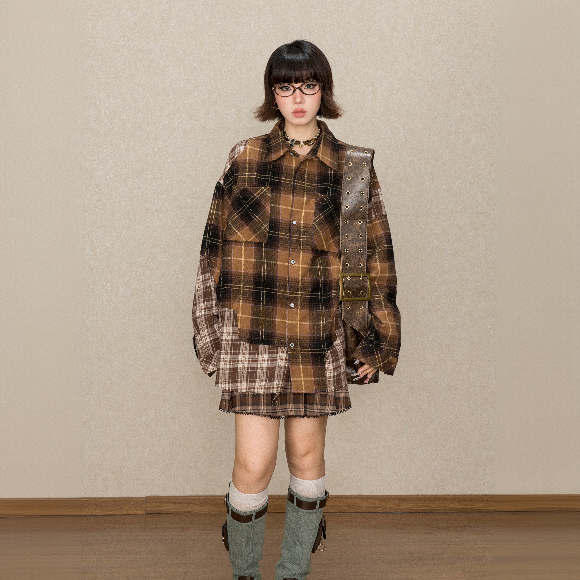 美式复古拼接格子衬衫女春秋2024新款早秋上衣oversize衬衣外套潮