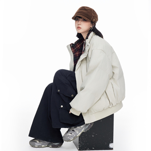 美式格子拼接立领pu皮棉服女款冬季棉袄慵懒风宽松加厚夹棉外套潮